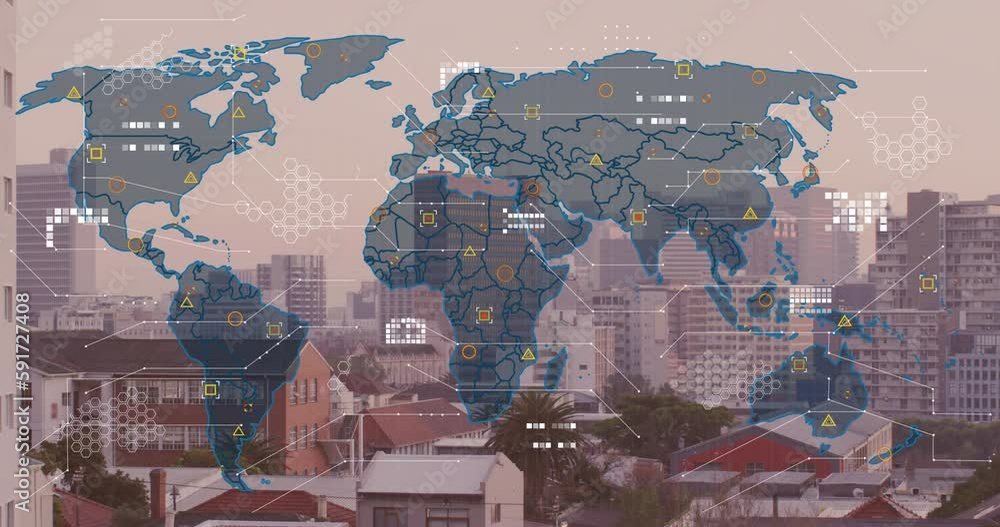 Poster animation of world map and data processing against aerial view of cityscape