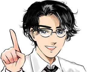 黒髪パーマに眼鏡姿の医師が指差して患者にアドバイスするカラー漫画イラスト透過背景
