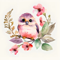 watercolor owl with leaves and flowers