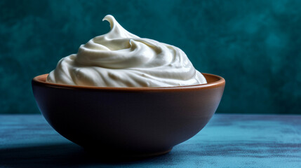 bowl of sour cream on blue background
