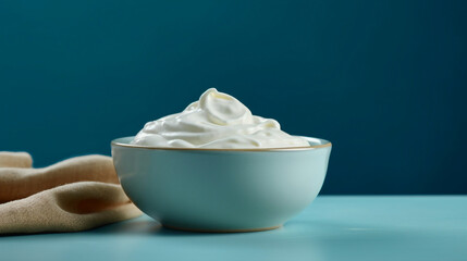 bowl of sour cream on blue background