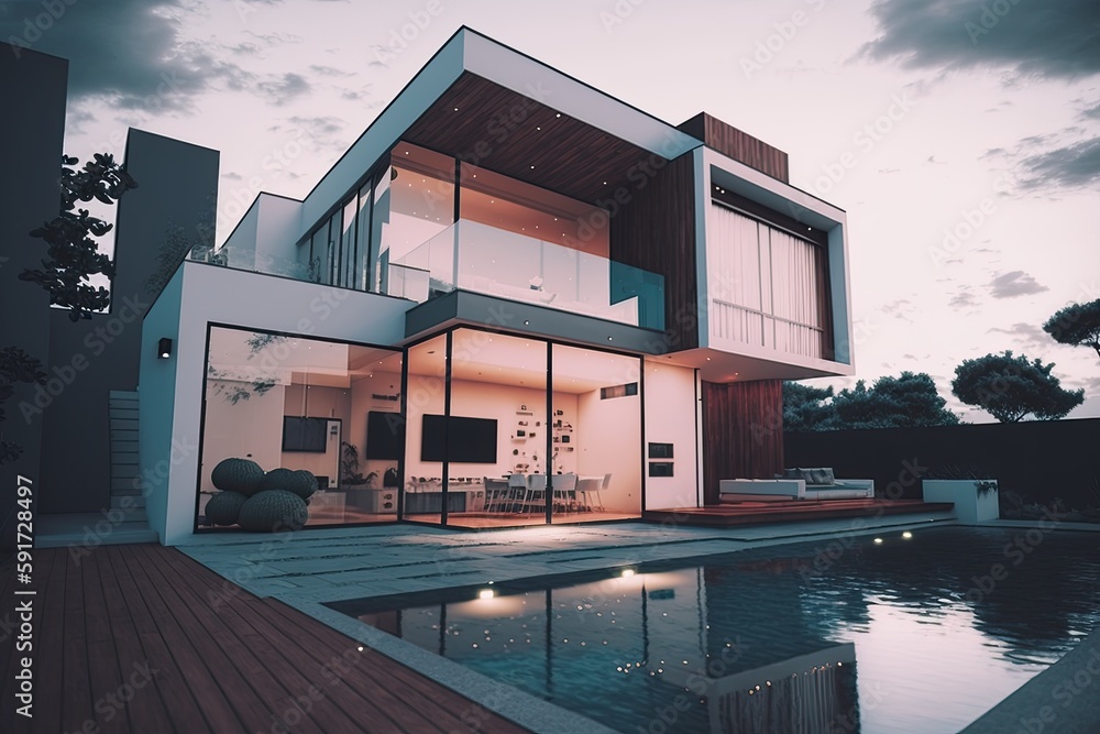 Poster beautiful modern house with a stunning pool in the front yard. generative ai