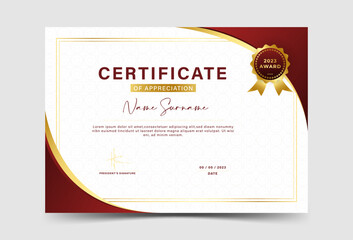 Award certificate template. fancy red color gradation, with gold border. wave