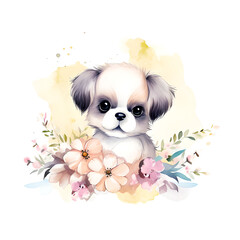 watercolor puppy with flowers