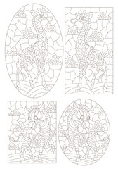 A set of contour illustrations in the style of stained glass with cartoon giraffe and zebra, dark contours on a white background