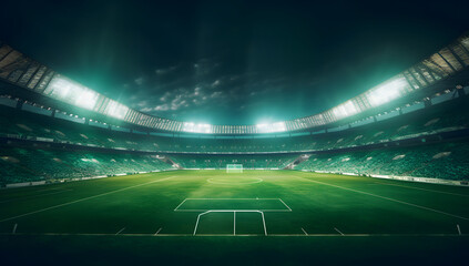 Fototapeta na wymiar Green football stadium at night, in the style of spectacular backdrops, Generative Ai