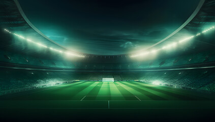 Fototapeta na wymiar Green football stadium at night, in the style of spectacular backdrops, Generative Ai