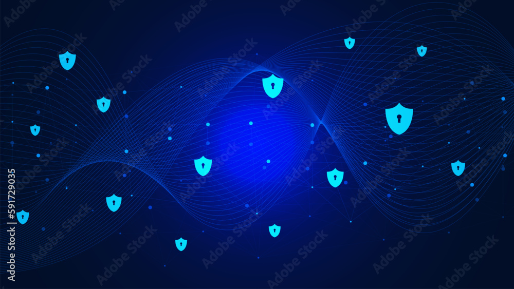 Poster cyber security shield lock for internet privacy, cyber protection and personal data security concept