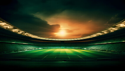 Fototapeta na wymiar An elegant soccer stadium at dusk, in the style of dark emerald and light bronze, Generative Ai