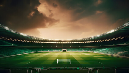 An elegant soccer stadium at dusk, in the style of dark emerald and light bronze, Generative Ai