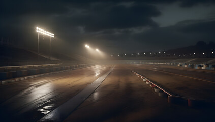 An empty race track with lights on it at night, Generative Ai
