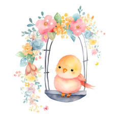 bird on perch with flowers watercolor painting