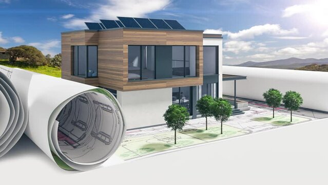 Entwurf eines  energieeffizienten Mehrfamilienhauses in moderner Scheunen-Architektur- 3D Visualisierung mit Video-Hintergrund