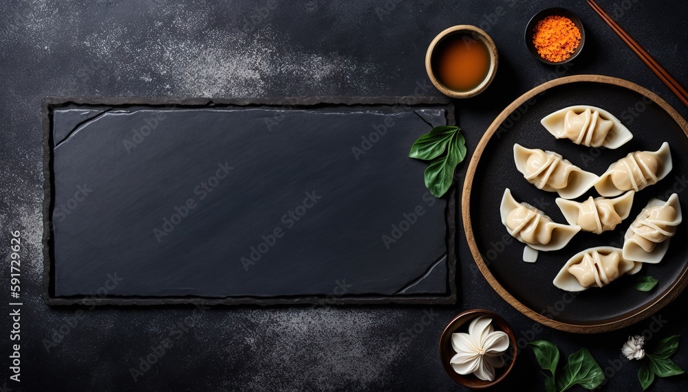 Poster copy space next to a flat lay of an asian dumpling meal on a slate background generative ai