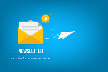 Newsletter. Illustration of email marketing. subscription to newsletter, news, offers, promotions. a letter and envelope. subscribe, submit. send by mail.	