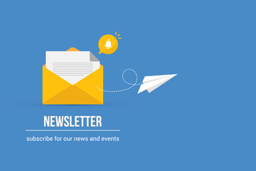 Newsletter. Illustration of email marketing. subscription to newsletter, news, offers, promotions. a letter and envelope. subscribe, submit. send by mail.	