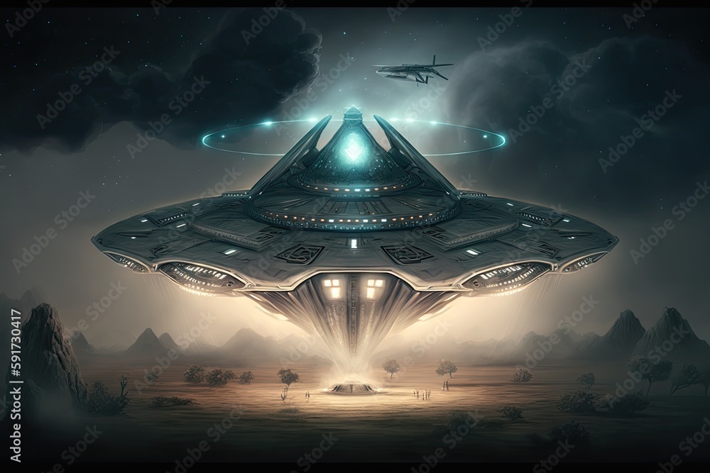 Poster sleek, futuristic spaceship soaring through a cloudy atmosphere. generative ai