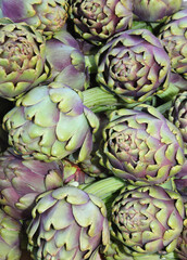 background of green large ripe artichokes for sale at market