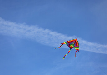 kite with rainbow colors flies tied on string in the blue sky