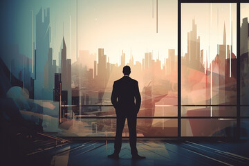 Corporate business flat illustration. Silhouette full-length businessman in suit looking at city from window of office, rear view. Generative AI