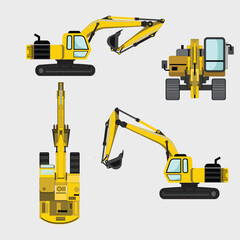 Excavator on white background. Top, side and front view. Hydraulic machine drawing. vectors