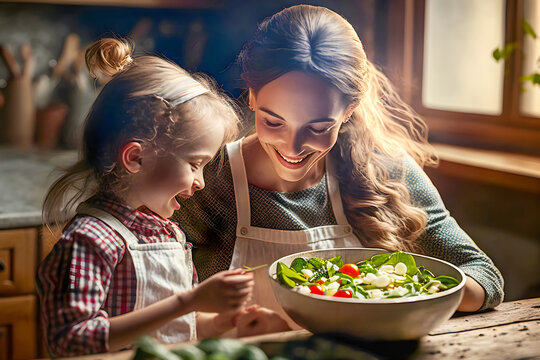 Smiling beautiful woman with her daughter is preparing vegetable salad in sustainable kitchen. Happy family cooking healthy meal. Vegetarian food. Lifestyle. Generative ai