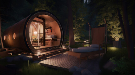 A cozy glamping pod nestled in a secluded forest in the countryside, featuring a lush outdoor deck with a private hot tub, a fully-equipped kitchenette, and comfortable furnishings, conveying a sense 