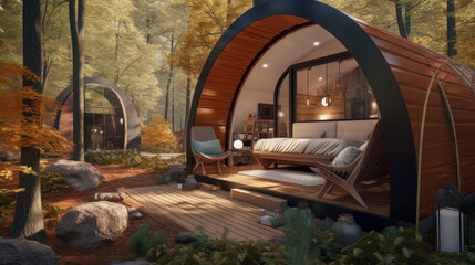 A cozy glamping pod nestled in a secluded forest in the countryside, featuring a lush outdoor deck with a private hot tub, a fully-equipped kitchenette, and comfortable furnishings, conveying a sense 