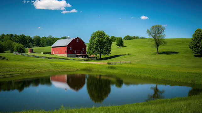 A peaceful countryside American farm with a red barn, rolling green hills, and a small pond reflecting the clear blue sky