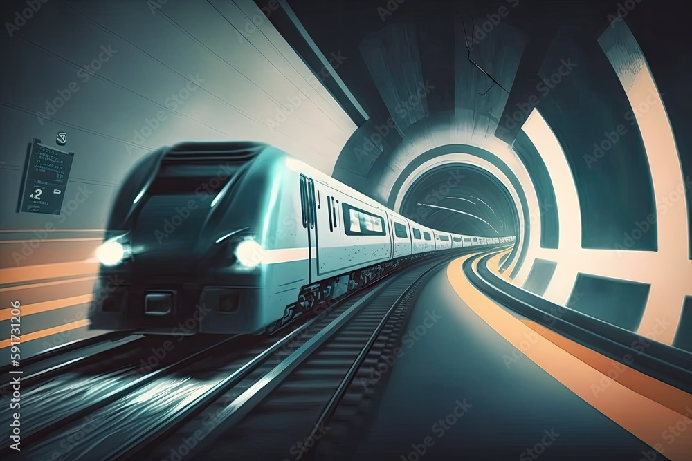 Poster train passing through a dark tunnel with illuminated lights. generative ai
