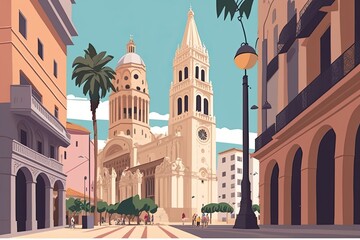 majestic cathedral standing tall in the heart of a bustling city. Generative AI