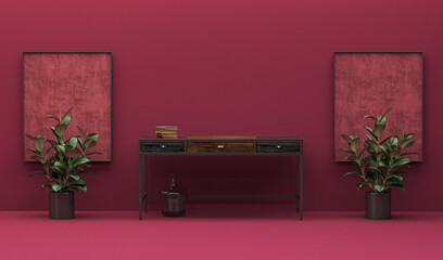 Viva magenta is a trend colour year 2023 in the living room. Interior of the room in plain monochrome viva magenta color with furnitures and chair, plant pot. 3d render	
