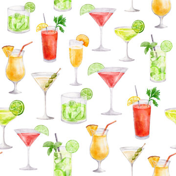 Seamless pattern with cocktails. Watercolor endless background with drink in glass isolated on white background