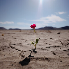 A single flower growing in a barren or desolate landscape, representing the power of hope and optimism to bring life and beauty to even the most challenging situations.