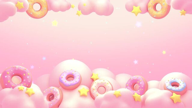 Looped sweet donuts and stars on pink clouds with space in the center for titles, text or logo animation.