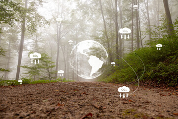 Carbon dioxide emmissions, ecology icons with earth planet on green foggy forest background.