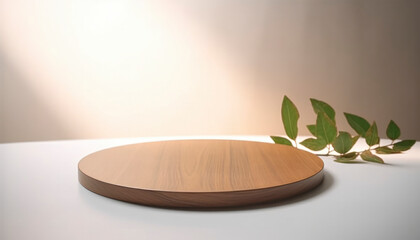 Empty beautiful round wood table  top counter on  interior in clean and bright with shadow background, Ready,white background, for product montage..