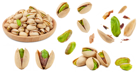 a set of unbleached pistachio nuts isolated on white background.