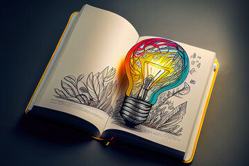 World intellectual property day and education concept with innovative light bulb on book with doodle. Generative Ai