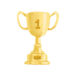 Hand drawn golden winner trophy isolated on white background. Sport winner prize illustration.