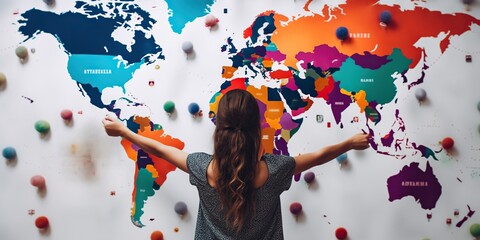financially independent woman stands at world map pinning colorful markers on her dream destinations knowing that her early retirement, concept of Travel Goals, created with Generative AI technology