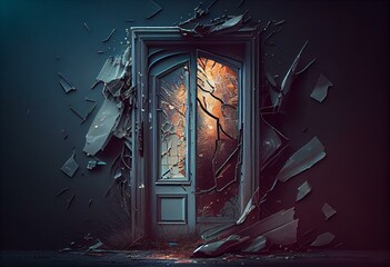 Broken home doors after a burglary. Home insurance concept. Generative AI
