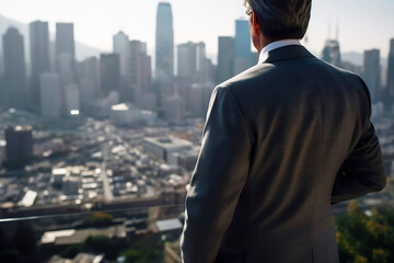 Fototapeta na wymiar Businessman Standing on Building, Blurred City Background. Business concept