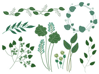 深みグリーン 葉 植物 イラスト セット