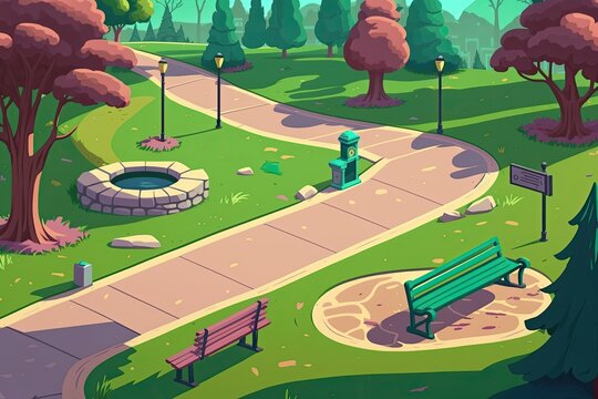 cozy outdoor seating area with a fire pit surrounded by benches in a park. Generative AI