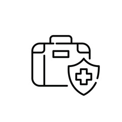 Travel health insurance. Briefcase and cross on shield. Travel healthcare coverage. Pixel perfect, editable icon