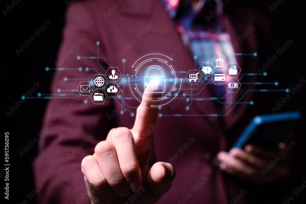 Fototapete business woman finger scan to access financial data security system on virtual screen , futuristic d