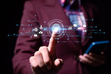 business woman finger scan to access financial data security system on virtual screen , futuristic digital processing of biometric identification fingerprint scanner for access personal financial data