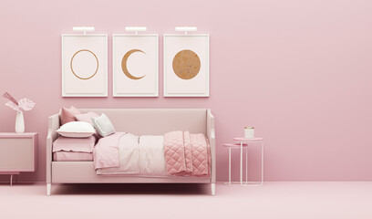 Poster frame mock up on pink background. Creative composition. Light background with copy space. 3D render for web page, presentation, studio, room fashion
