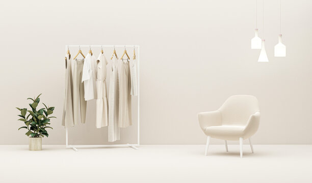 Linen clothes hanging on a rack, plant pot, armchair on white and beige background. Creative composition. Light background with copy space. 3D render for web page, presentation, studio, store fashion
